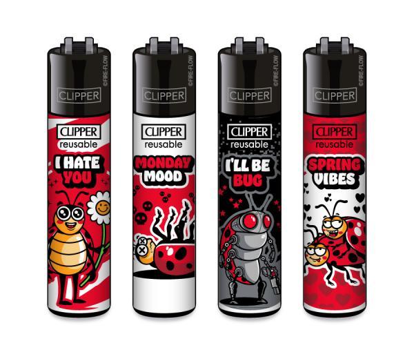 Clipper CLASSIC Large – Ladybirds #2 4er Set mit Marienkäfer-Motiven „I hate you“, „Monday Mood“, „I’ll be Bug“ und „Spring Vibes“, nachfüllbar mit Softflame.